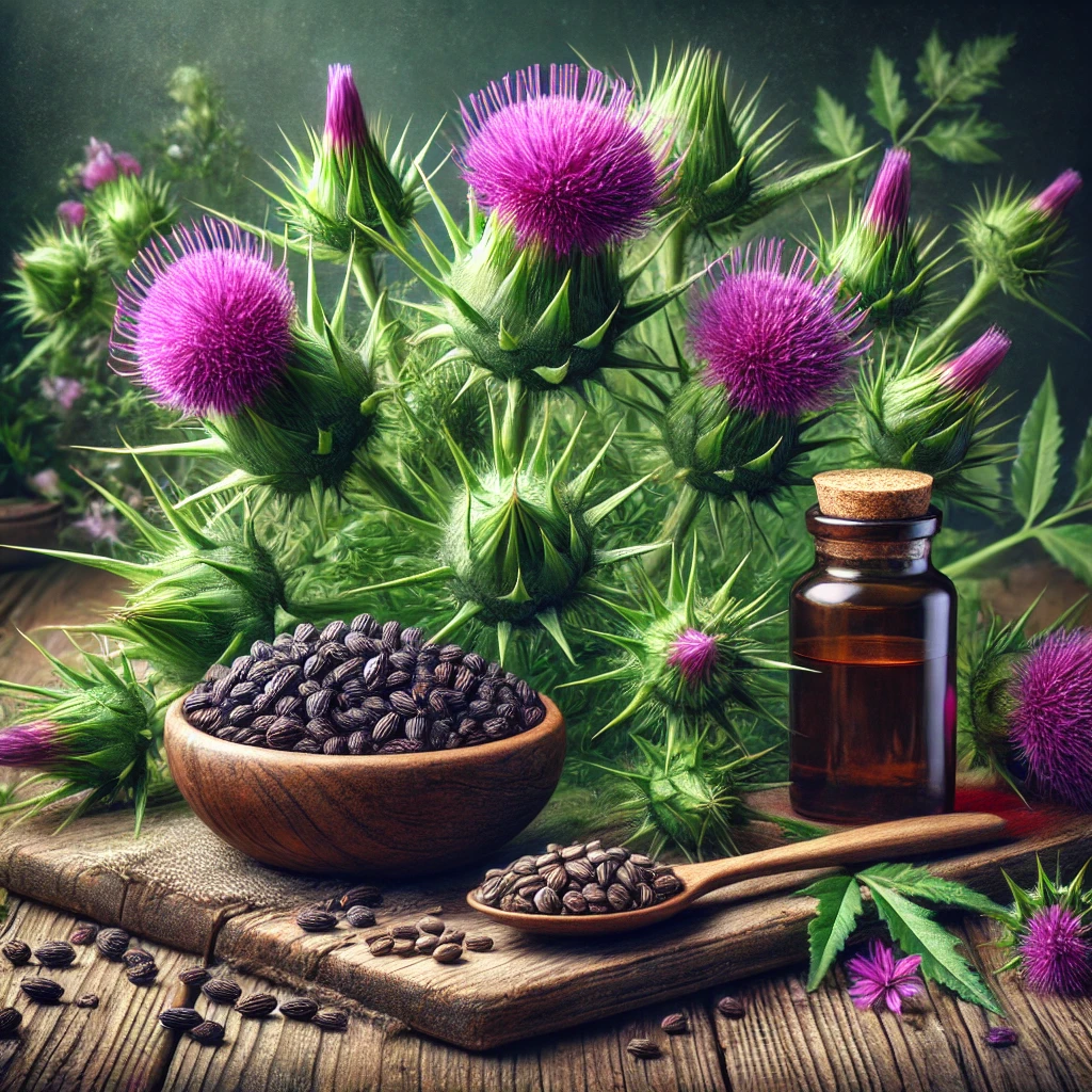 밀크씨슬의 원료인 꽃과 씨앗을 표현한 인포그래픽