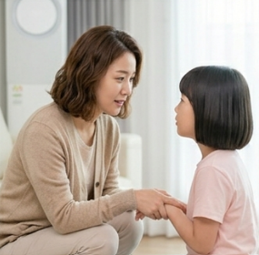 부모가 아이 눈높이에 앉아 이야기 나누는 모습