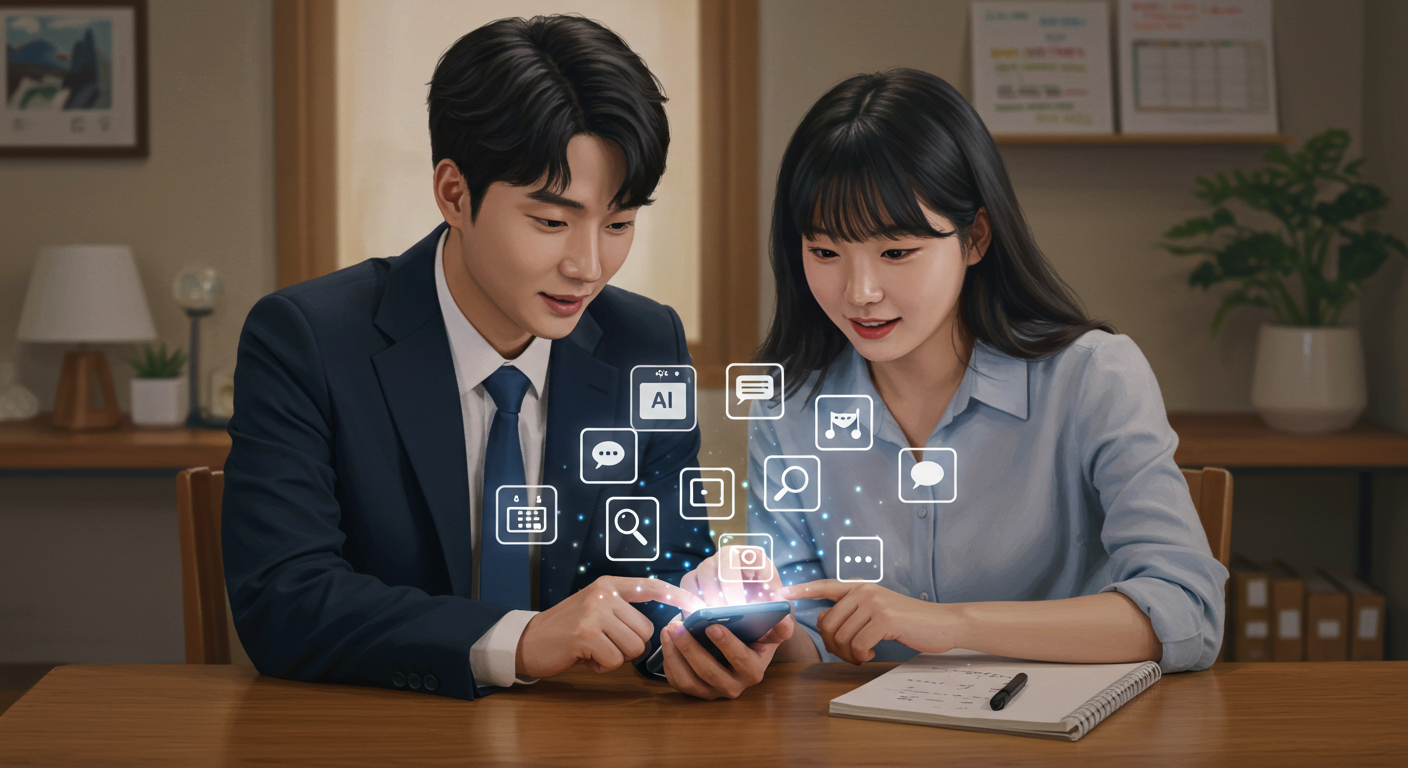 카카오톡 AI 비서를 활용하는 직장인과 대학생 모습