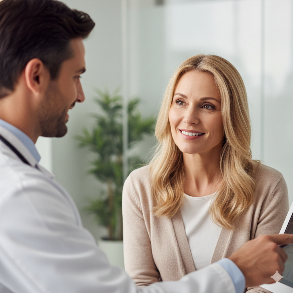 의사에게 독감 예방접종에 대해 설명을 듣고 안심하는 여성 (독감 예방 상담)