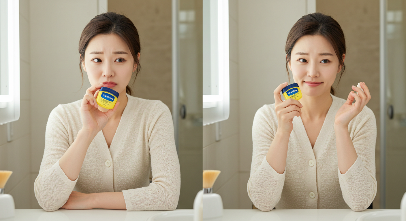 바세린을 들고 걱정하던 한국 여성이 미소 지으며 안심하는 모습으로 바뀌는 장면