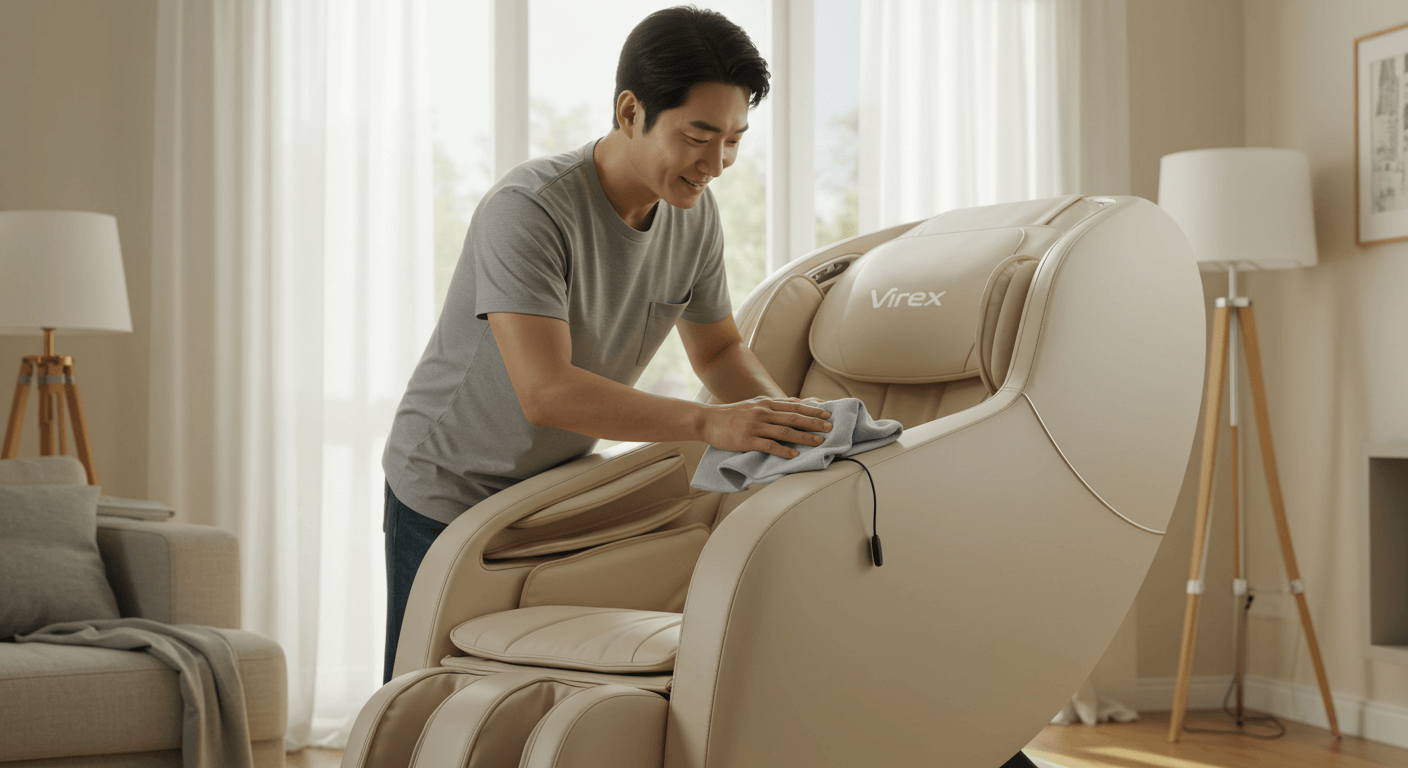 아이보리 안마의자를 닦으며 관리하는 남성 모습 1