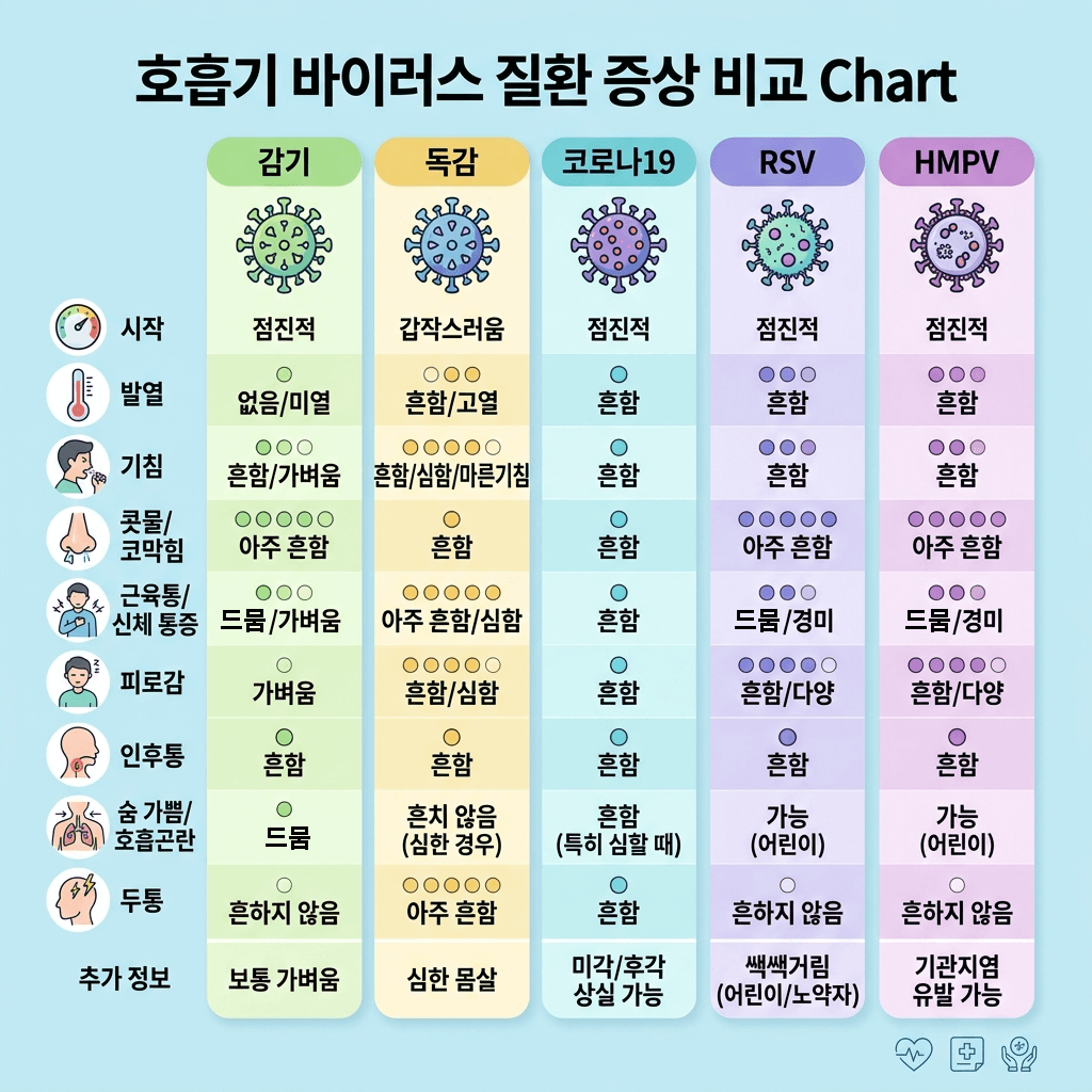 감기 독감 코로나 RSV HMPV 증상 비교표 시각화