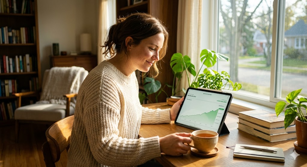 따뜻한 차 한 잔을 마시며 여유롭게 태블릿으로 자산 성장 곡선을 확인하는 행복한 직장인의 모습