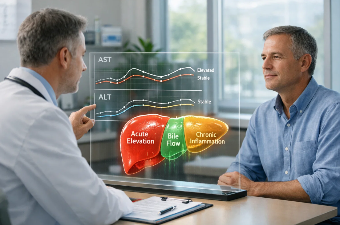 의사가 환자에게 AST ALT 수치 그래프와 간 상태를 설명하는 진료 장면