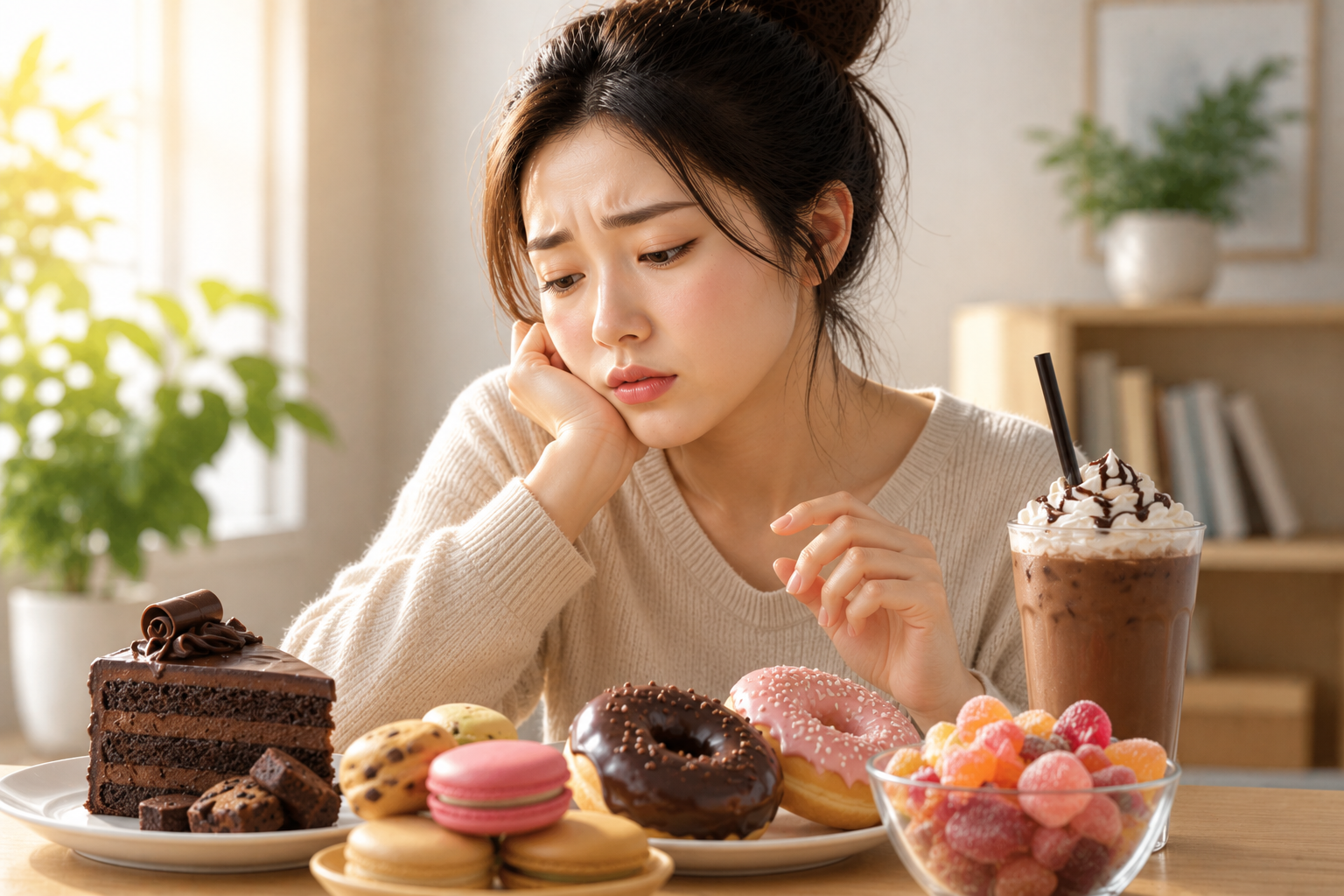 단 음식들을 바라노는 여성을 표현한 그림
