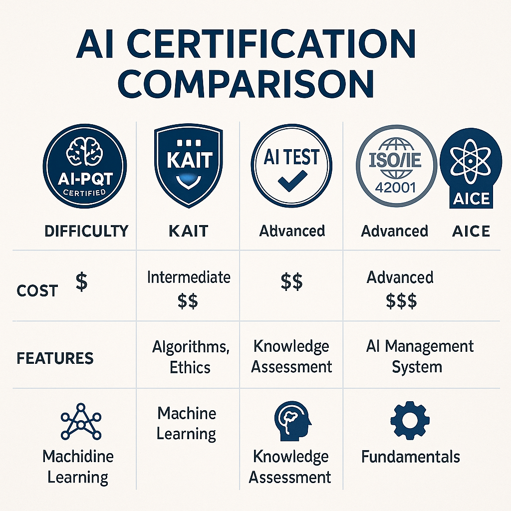 주요 AI 자격증 5종 비교 분석 인포그래픽 (AI-POT, KAIT, AI TEST, ISO, AICE)