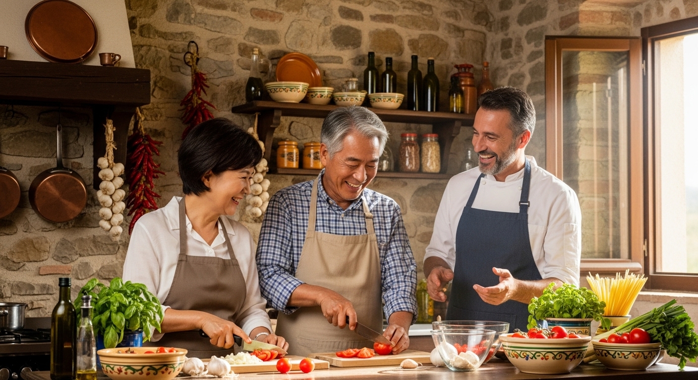 유럽 현지에서 쿠킹 클래스에 참여하여 즐겁게 요리하고 있는 5060세대 한국인 부부.