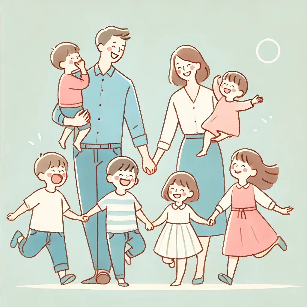 여러 아이들과 웃는 행복한 가족의 모습