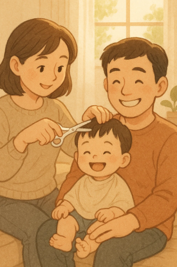 돌 지난 아기의 첫 머리 손질 장면, 부모가 앞머리를 다듬는 모습