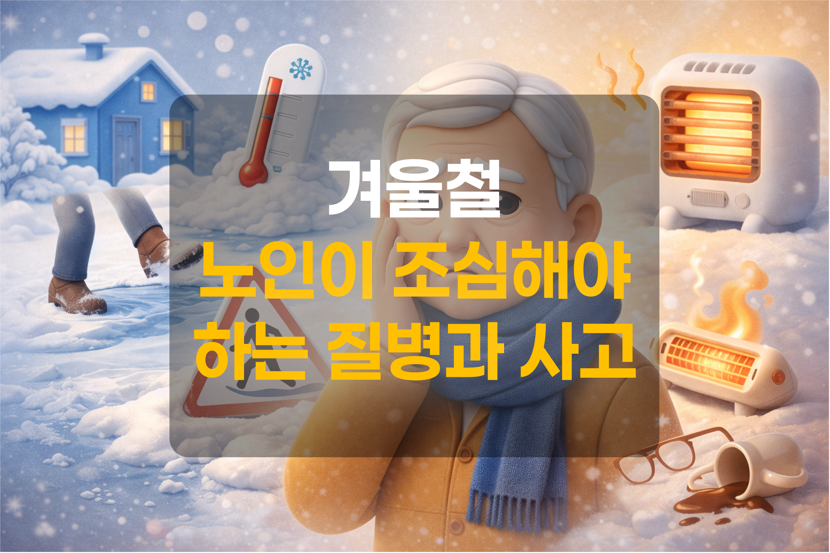 겨울철 노인이 조심해야 하는 상황을 표현한 그림