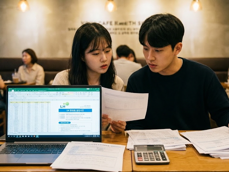 늦은 밤, 어두운 방 안 책상 스탠드 불빛 아래에서 심각한 표정의 한국인 청년이 노트북 화면과 산더미 같은 서류를 번갈아 보며 전자 계산기를 두드리고 있는 모습