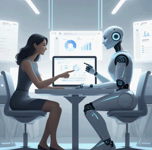 인간 여성과 휴머노이드 로봇이 테이블에 마주 앉아 데이터 시각화 화면을 보며 대화하고 협업하는 장면을 그린 디지털 일러스트 이미지. 이 이미지는 인간과 AI가 분석 기반 업무를 함께 수행하는 모습을 통해, Agentic AI와의 자연스러운 협업 시대를 시각적으로 표현함 (AI collaboration, human robot teamwork, agentic AI)