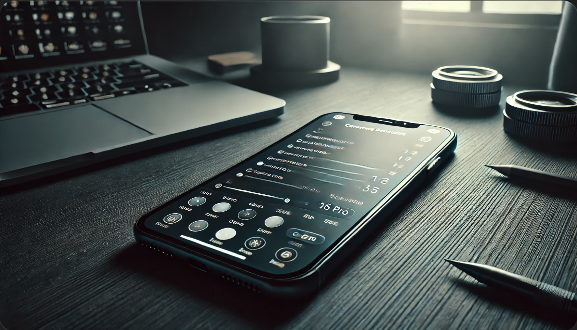 어두운 나무 책상 위에 놓인 아이폰 16 프로, 자연광 아래 카메라 설정이 보이는 분위기 있는 이미지