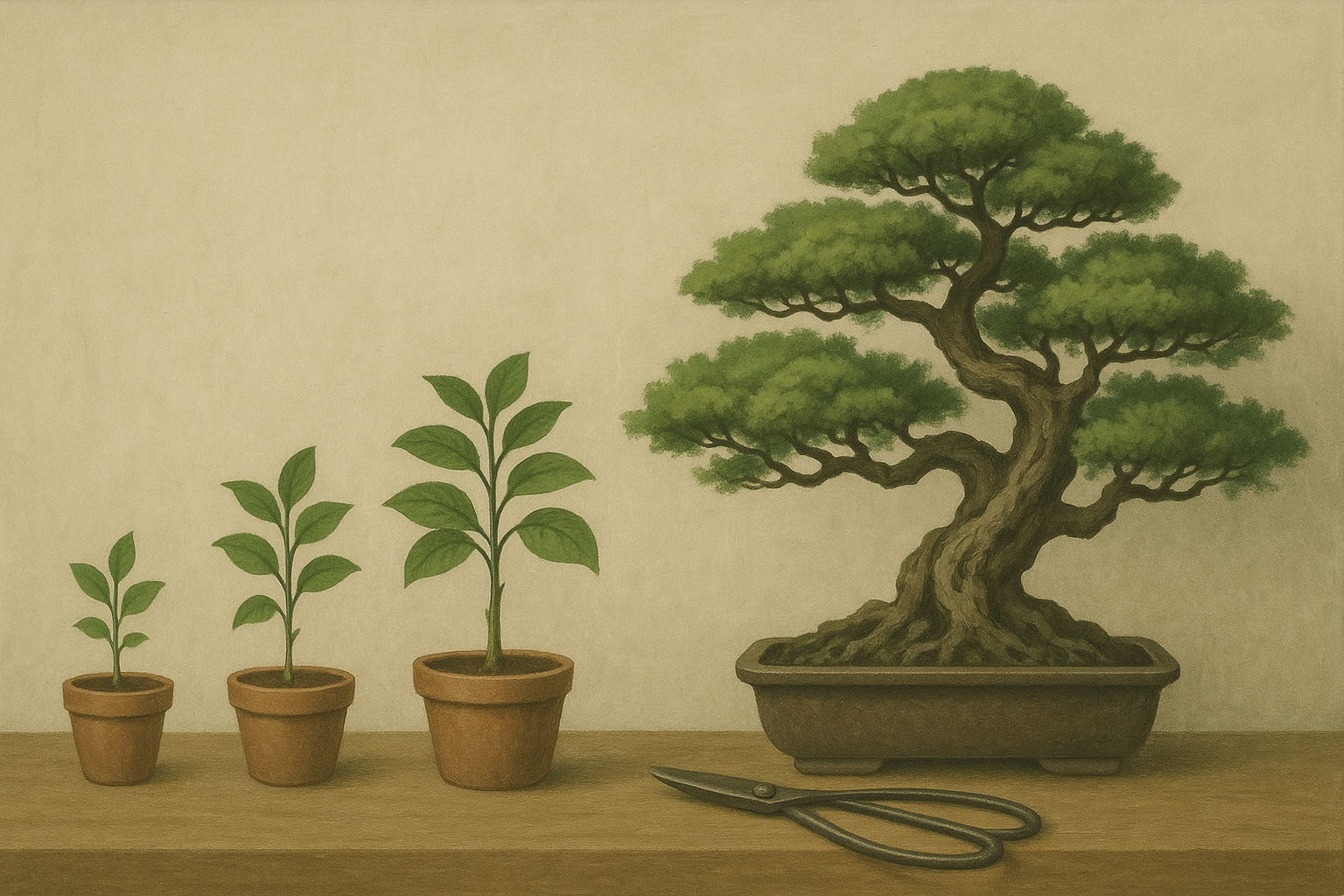 작은 화분식물과 분재