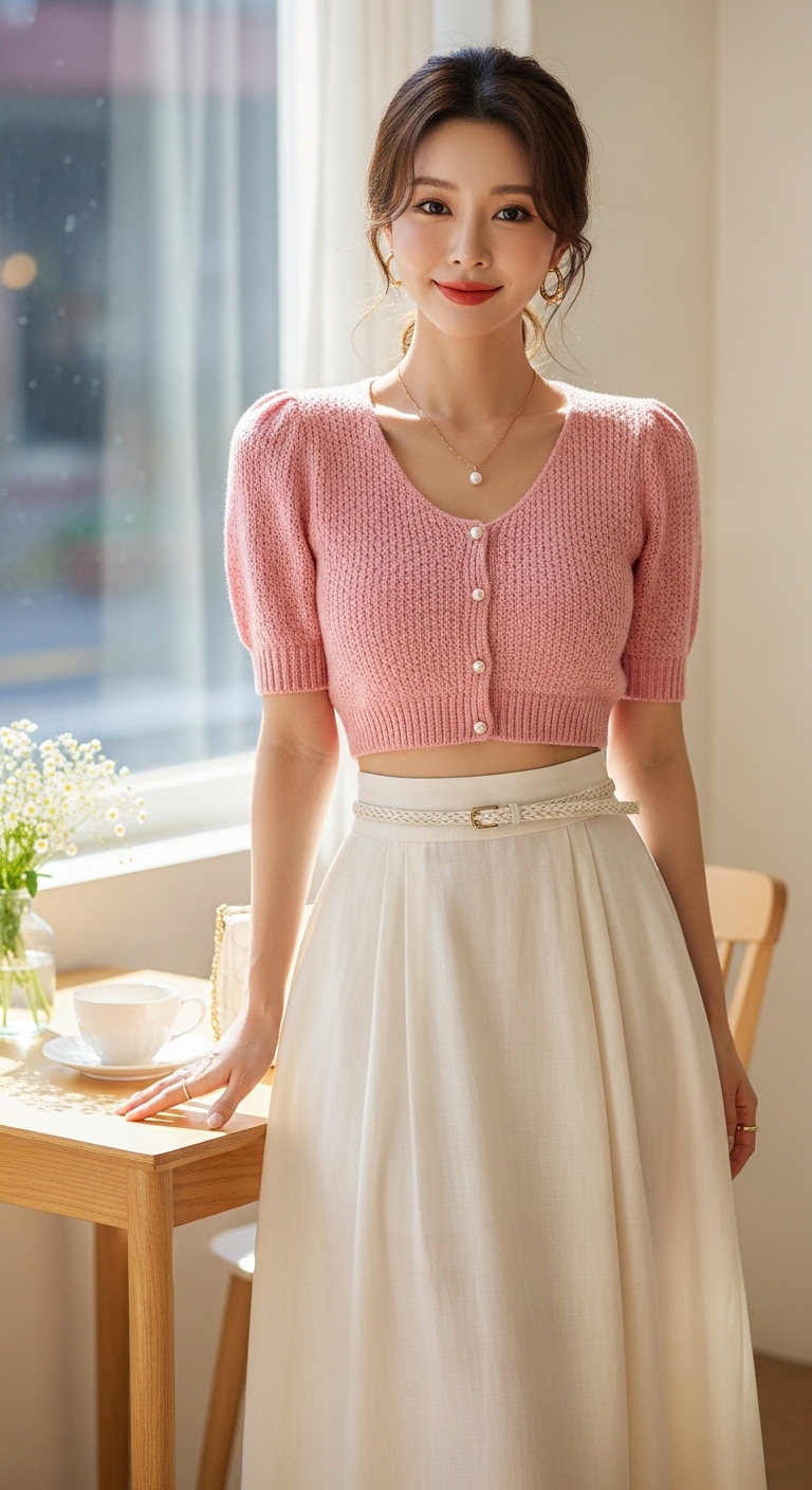 크롭 티셔츠와 롱스커트를 매치해 편안하면서도 여성스러운 룩