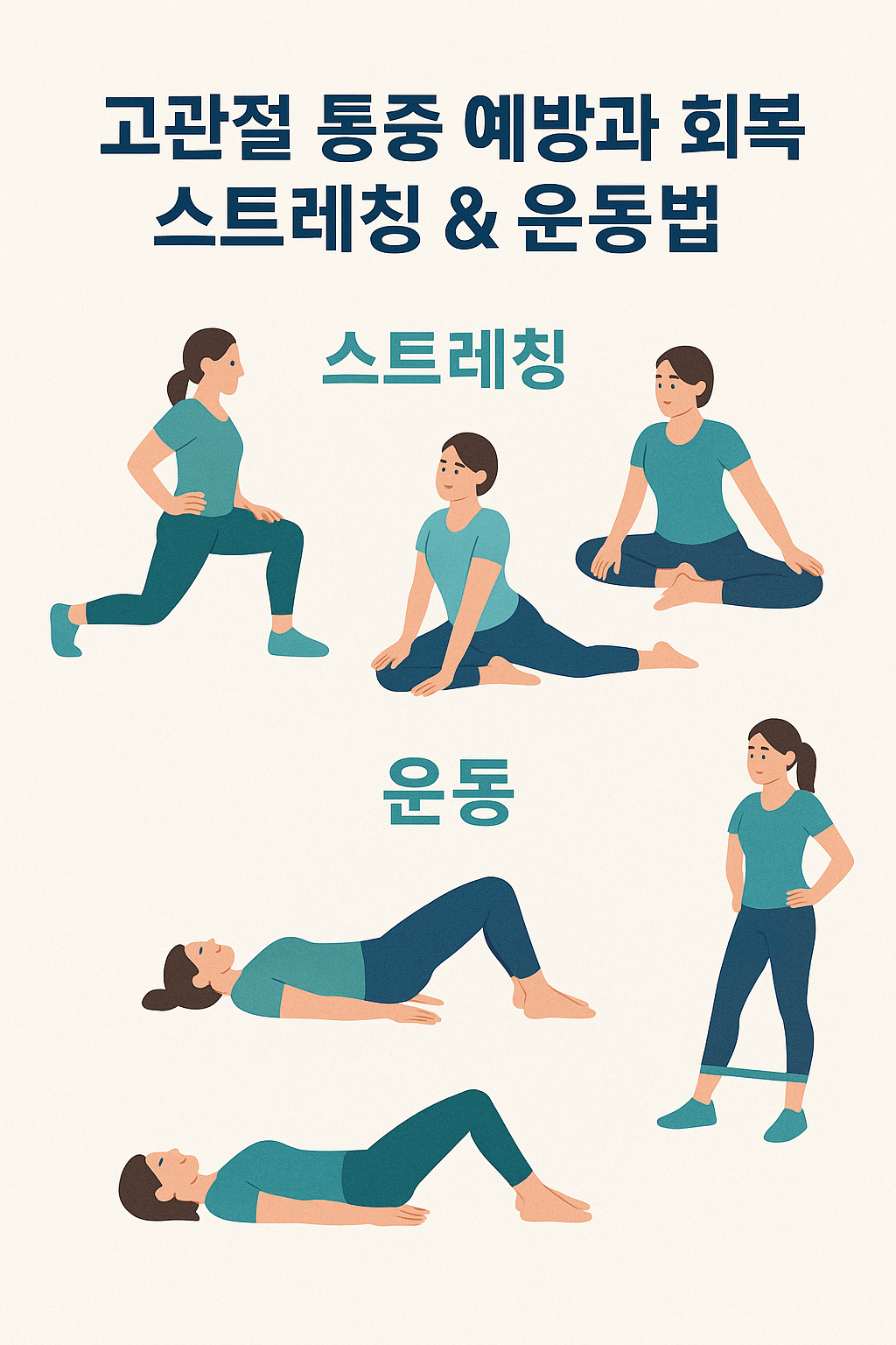 고관절 통증 예방과 회복 스트레칭 & 운동법 글자 이미지와 스트리칭과 운동 유형 이미지