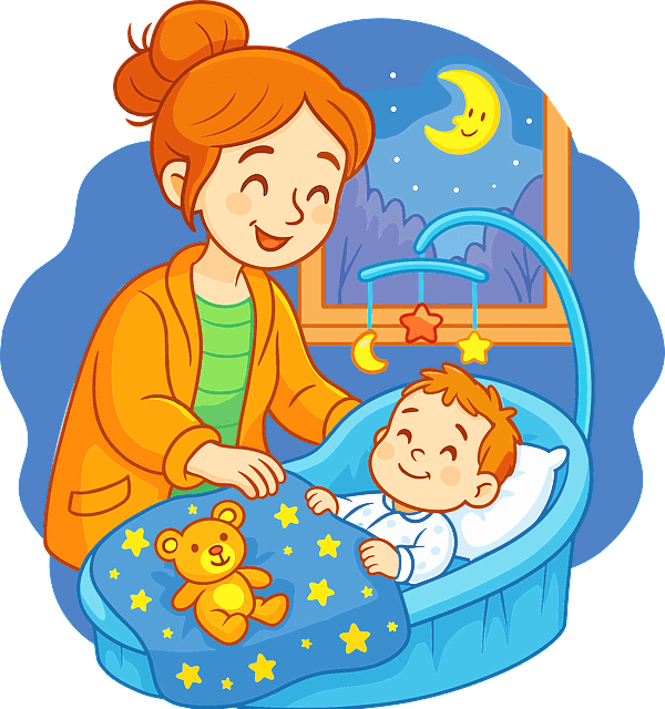 걀색의 올림머리를 한 어머니가 웃으면서 남자 아기를 침대에 뉘여 자장가를 부른다.