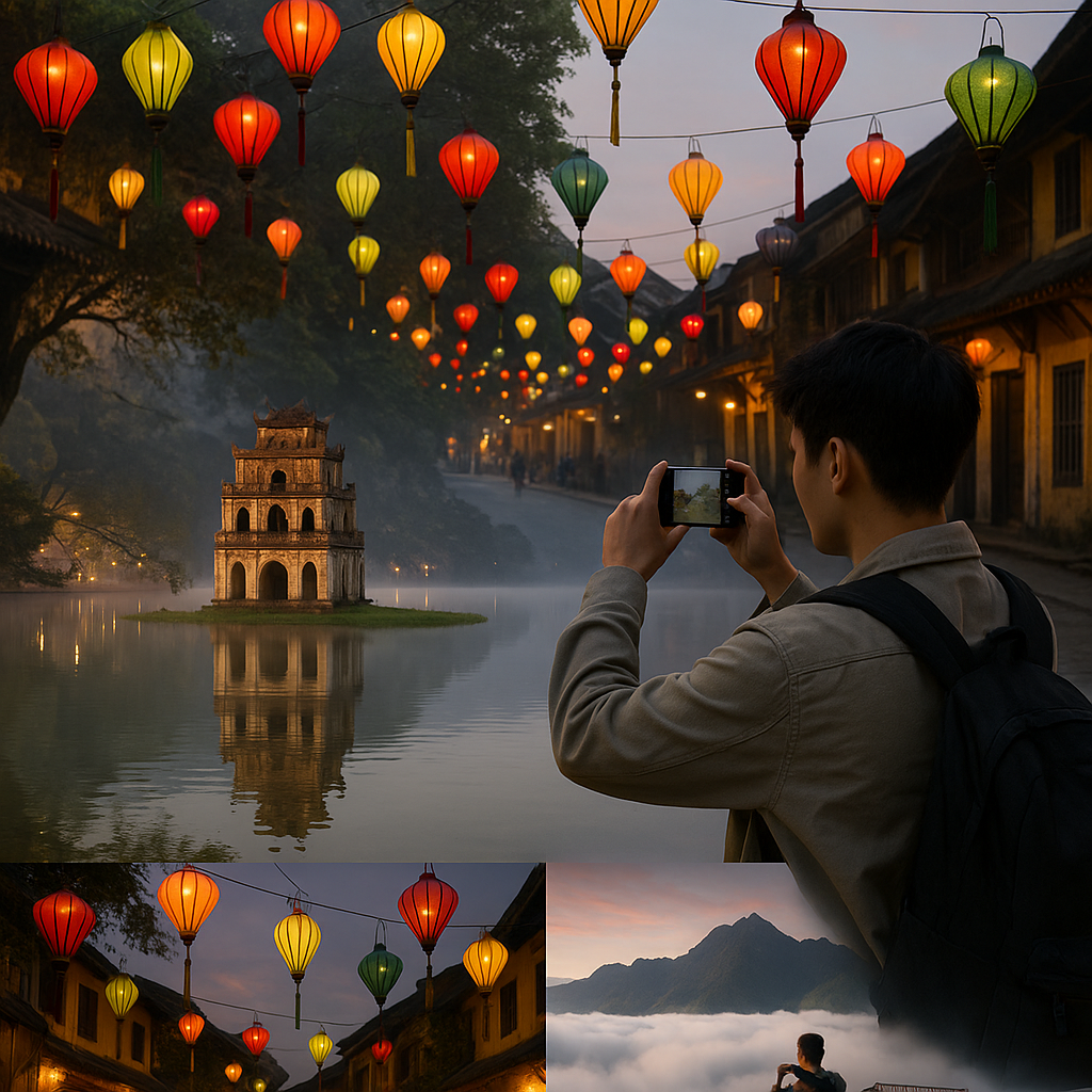 호안끼엠 호수의 전통 사원 반영과 호이안 등불 거리, 사파의 구름다리 전망대를 한 이미지에 담아 촬영하는 여행객의 모습