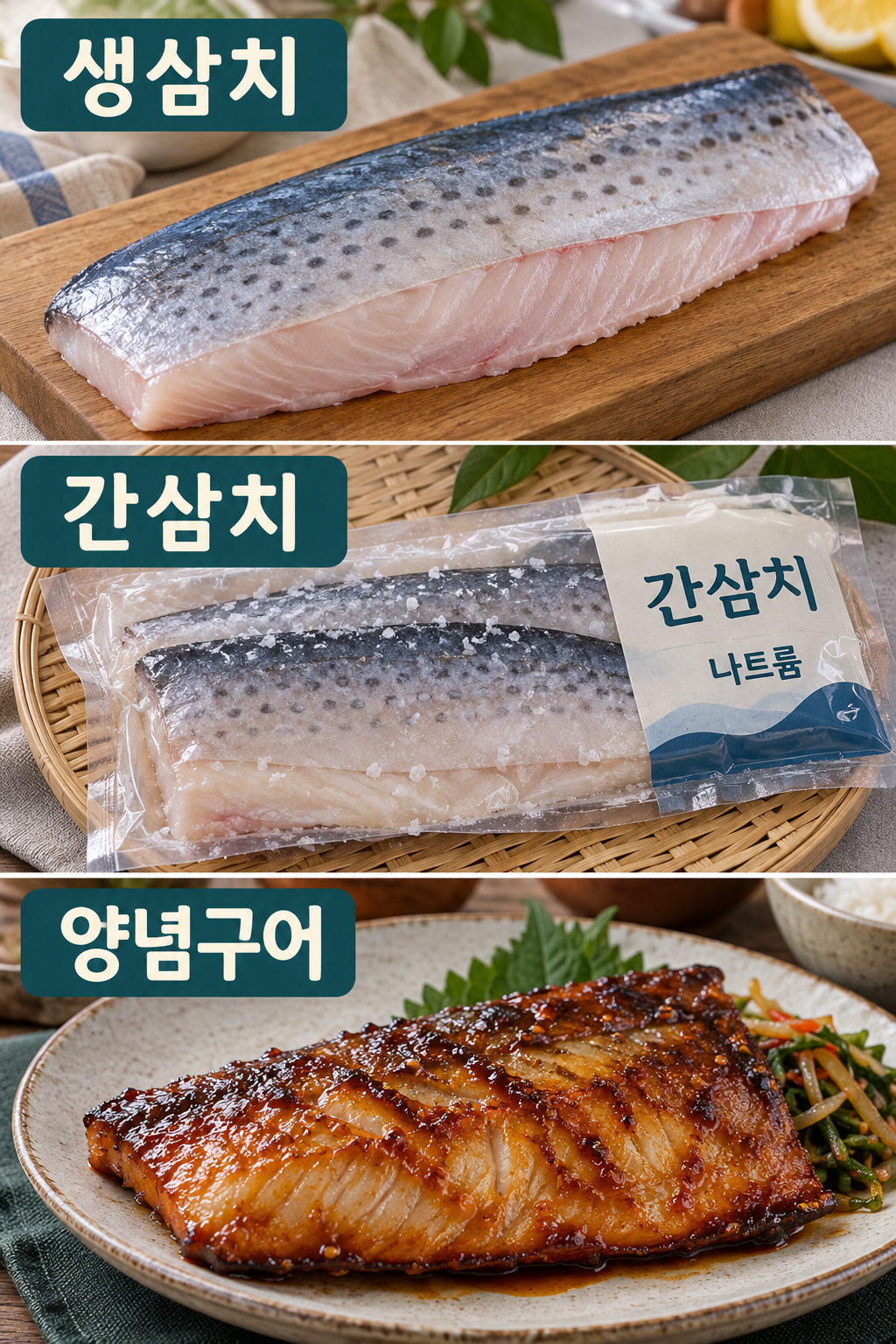 생삼치 살·염장한 간삼치·양념구이를 나란히 구분한 장면.