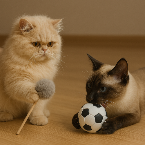 페르시안 고양이와 샴 고양이가 자신이 좋아하는 장난감을 가지고 각자 놀고 있는 모습.