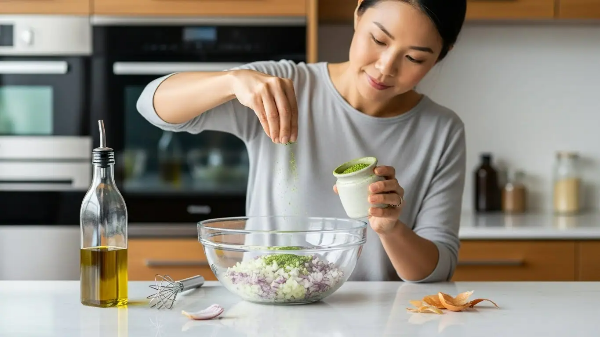 부엌에서 양파, 녹차 가루, 올리브오일로 드레싱을 만들고 있는 여성 모습