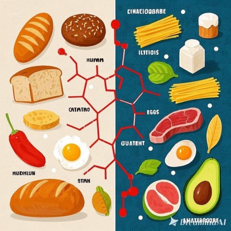 간세포 내부에서 탄수화물(포도당 분자)이 인슐린의 작용으로 HMG-CoA 환원효소를 통해 콜레스테롤로 변환되는 생화학적 과정을 도식화한 인포그래픽으로, 한쪽에는 고탄수화물 식품들(빵, 파스타, 설탕)이 콜레스테롤 공장을 가동시키는 모습, 다른 쪽에는 저탄수화물 식품들(고기, 계란, 아보카도)이 공장을 정지시키는 모습을 대비하여 표현한 의학적 일러스트레이션