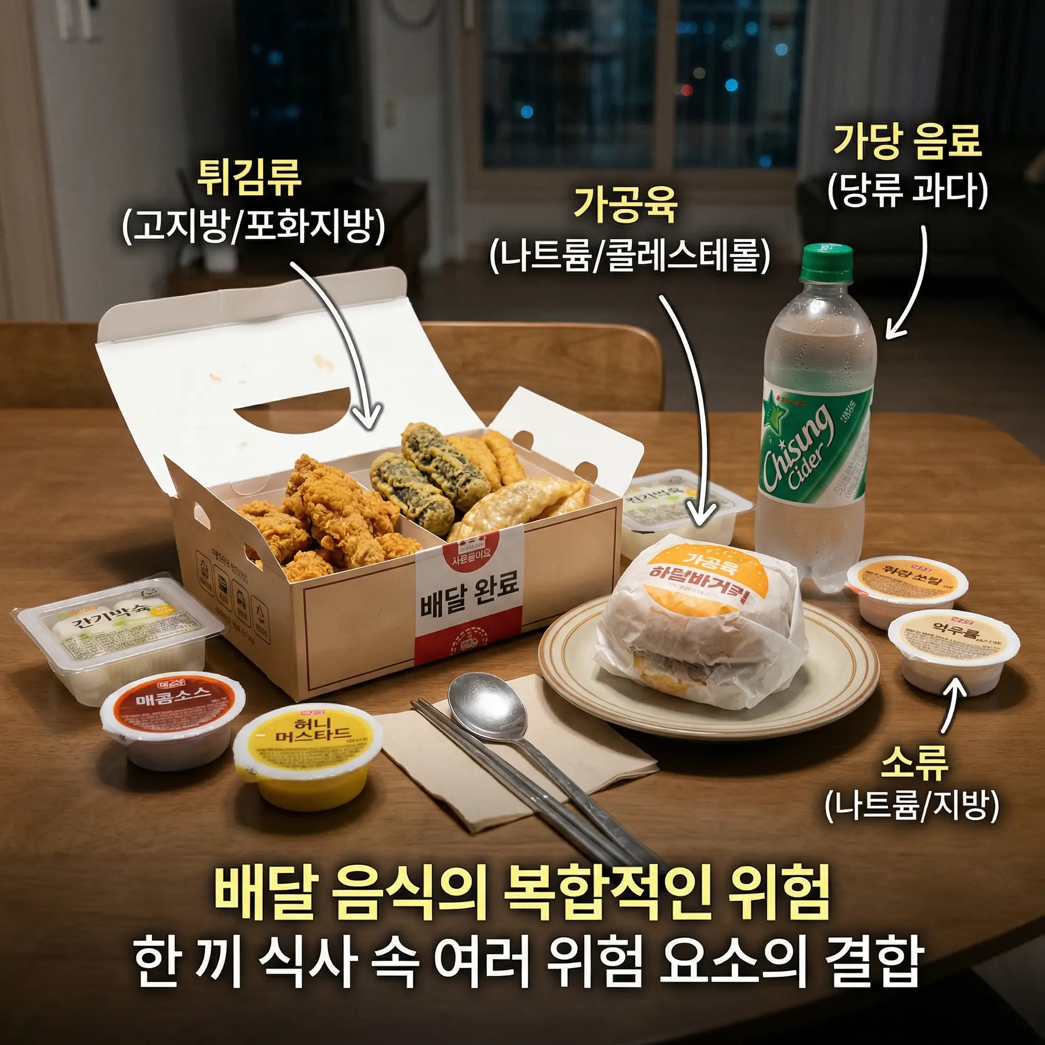 튀김과 음료, 소스가 함께 놓인 배달음식 테이블 이미지