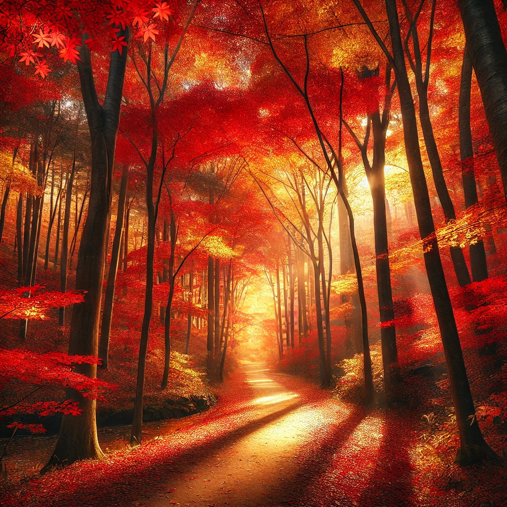 단풍이 든 나무 사이에 길이 있고 나무 사이로 햇살이 들어오는 모습