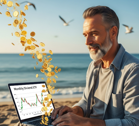 해변에 앉아 여유롭게 노트북을 보며 돈이 쏟아지는 월배당 ETF 그래프를 확인하는 사람. 파이어족의 경제적 자유와 삶의 질 향상을 상징