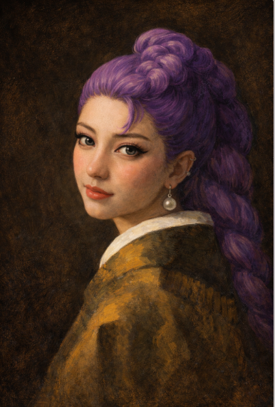 진주 귀걸이를 한 소녀에서 얼굴을 케이팝데몬 헌터스 루미 얼굴로 교체