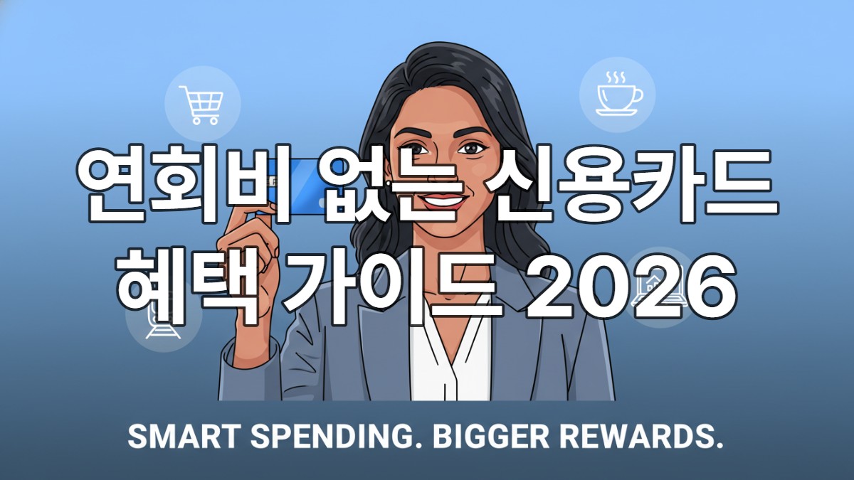 사회초년생이 파란색 신용카드를 들고 자신감 있게 웃는 모습. 주변에는 쇼핑, 식사, 교통 관련 아이콘이 있어 현명한 소비와 혜택 극대화를 상징합니다.