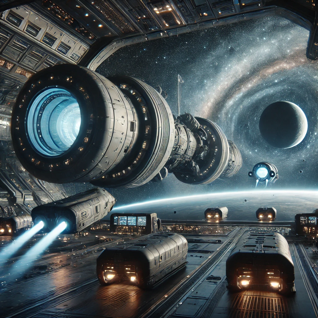 인류가 외계 행성으로 이주하는 우주선 장면