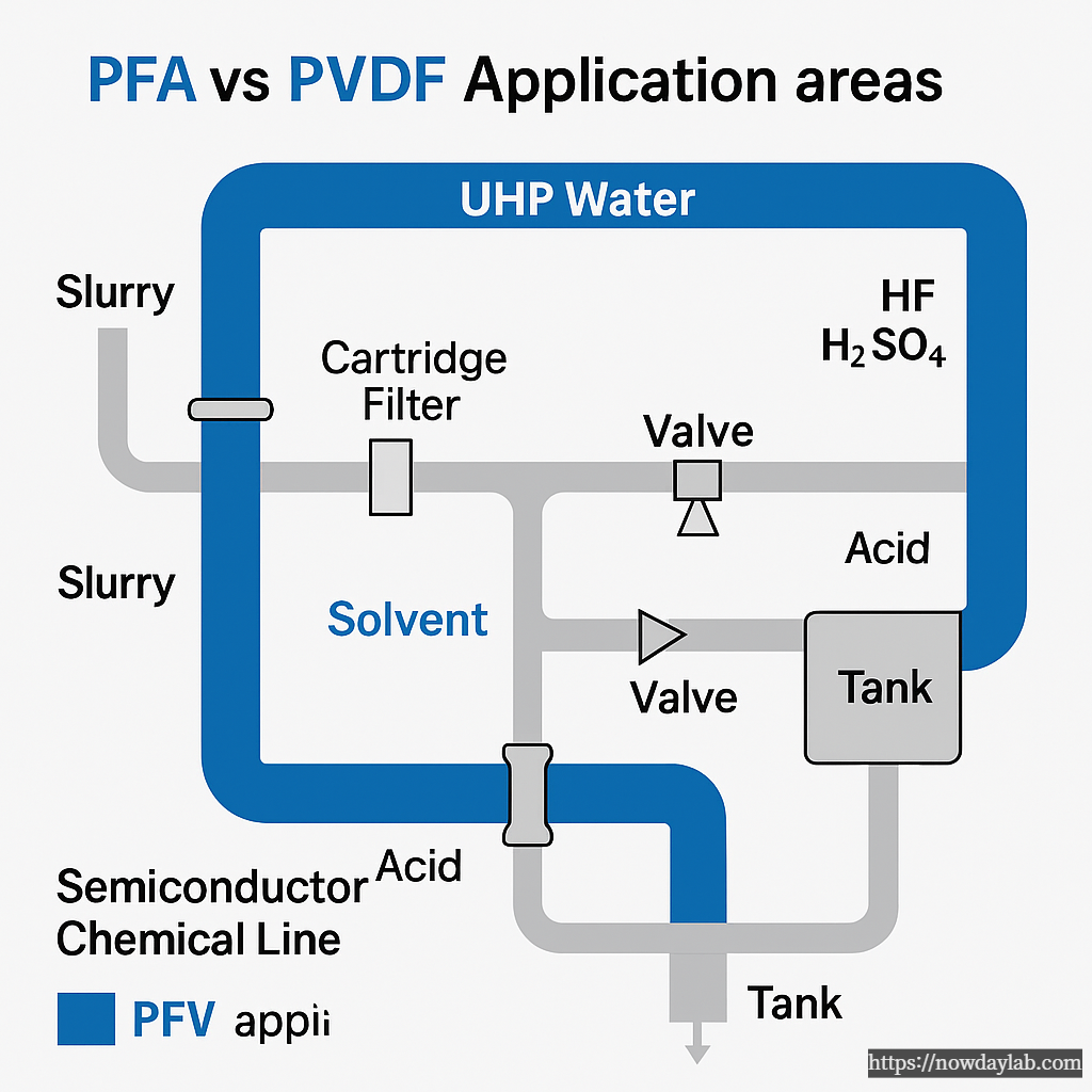 Semiconductor chemical line layout diagram showing PFA and PVDF piping application areas