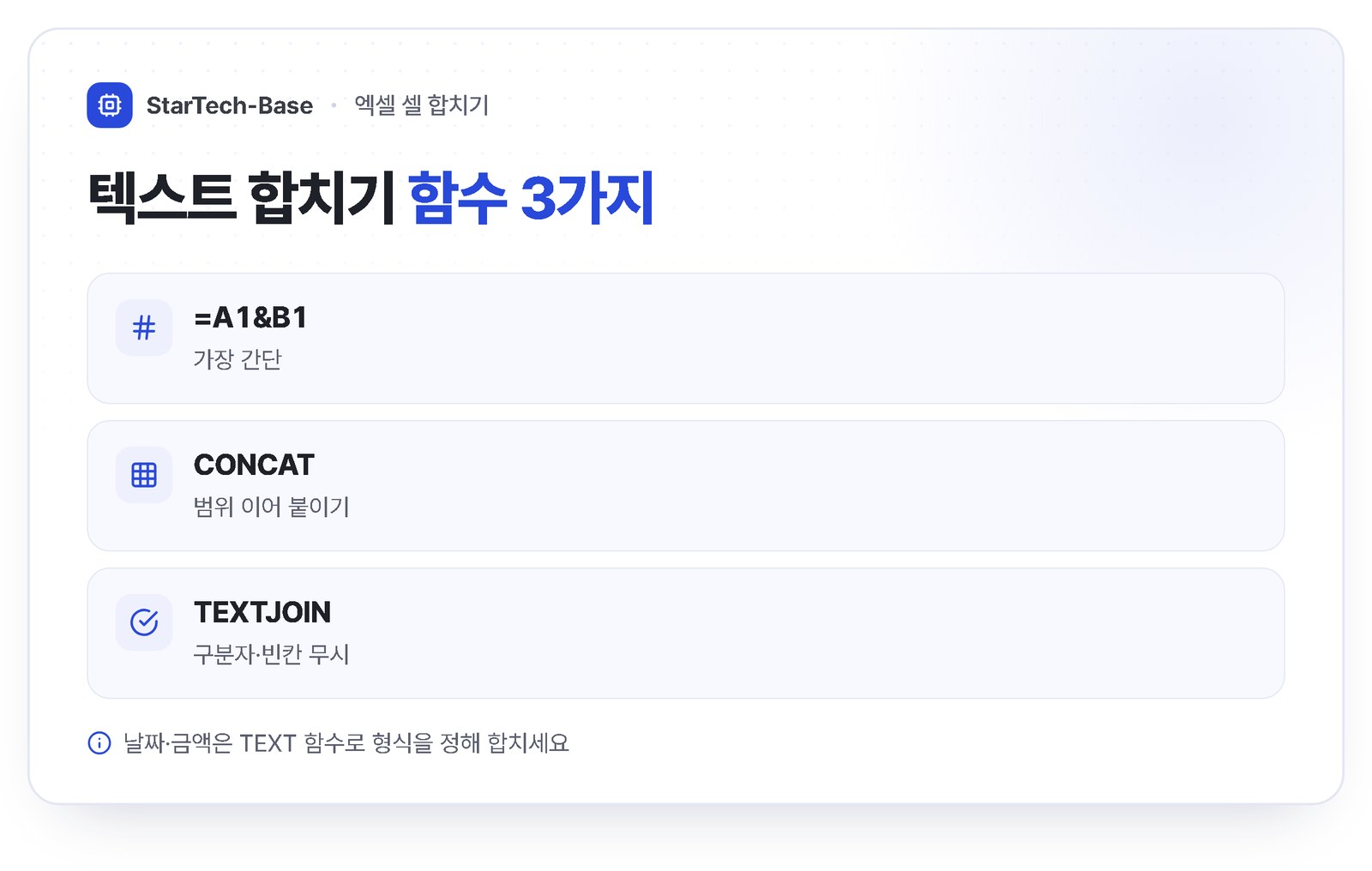 엑셀 텍스트 합치기 함수 - 앰퍼샌드는 가장 간단, CONCAT은 범위 이어 붙이기, TEXTJOIN은 구분자와 빈칸 무시, 날짜는 TEXT 함수로 형식 지정