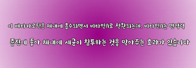  이 베타카로틴은 체내에 흡수되면서 비타민A로 전환되는데, 비타민A는 면역력 증진에 좋아 체내에 세균이 침투하는 것을 막아주는 효과가 있습니다