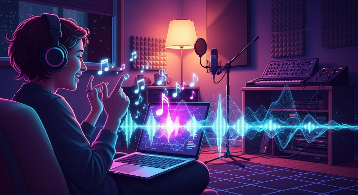 헤드폰을 낀 사람이 노트북으로 AI 작곡 툴을 활용해 음악을 만드는 모습. 쉽고 즐거운 AI 작곡 경험을 나타냅니다.