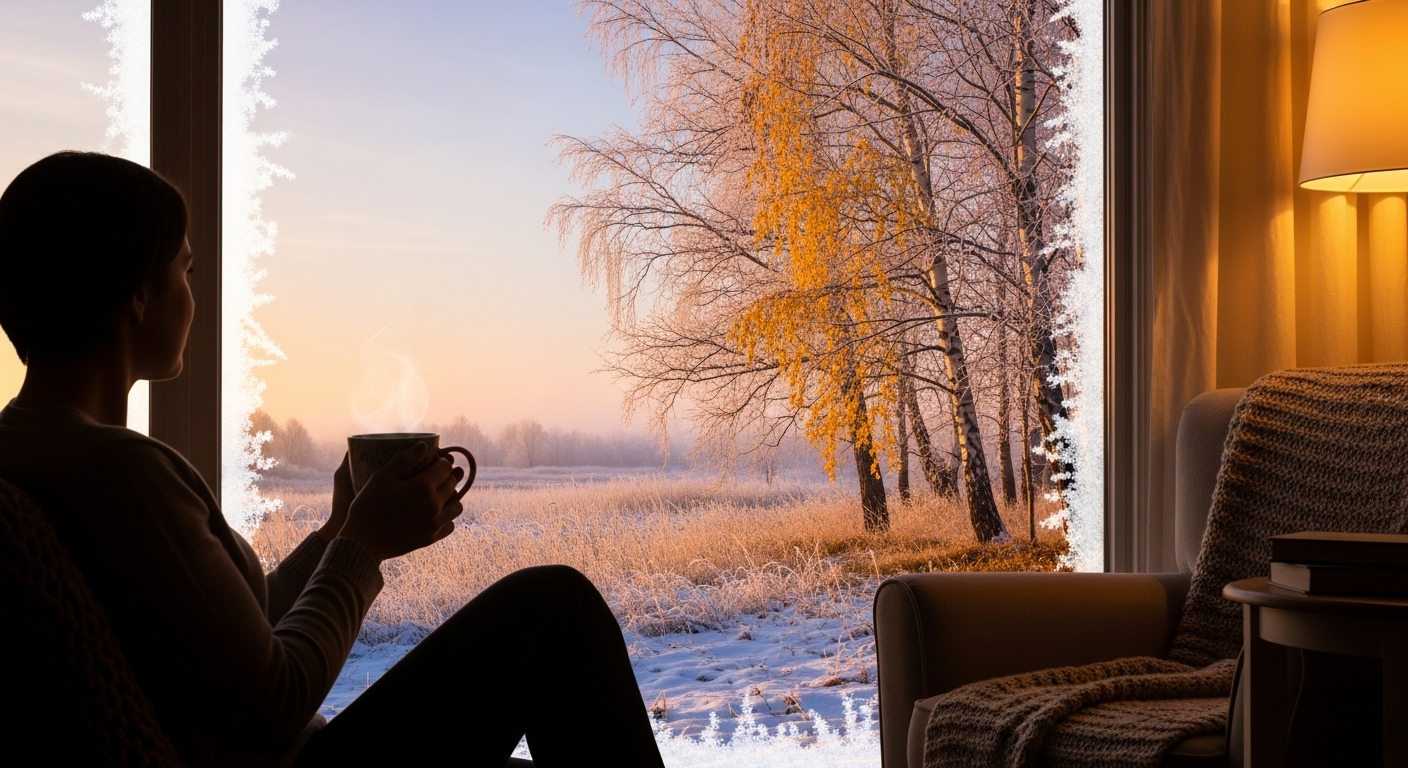 보랏빛과 노란빛이 감도는 아늑한 실내에서 따뜻한 음료를 마시며 쌀쌀한 초겨울 풍경을 바라보는 사람의 모습.