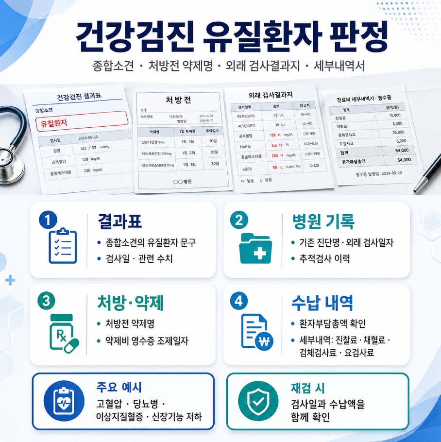 건강검진 유질환자 판정에서 종합소견, 처방전, 외래 검사결과지, 진료비 세부내역서를 함께 정리한 메디컬 인포그래픽