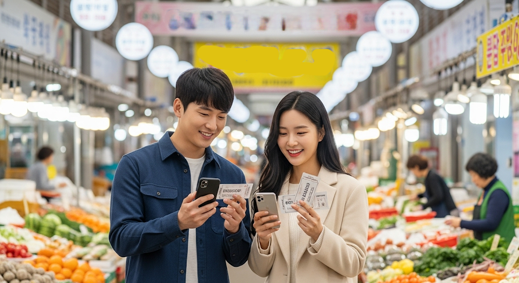 재래시장에서 지역화폐로 결제하는 한국 커플