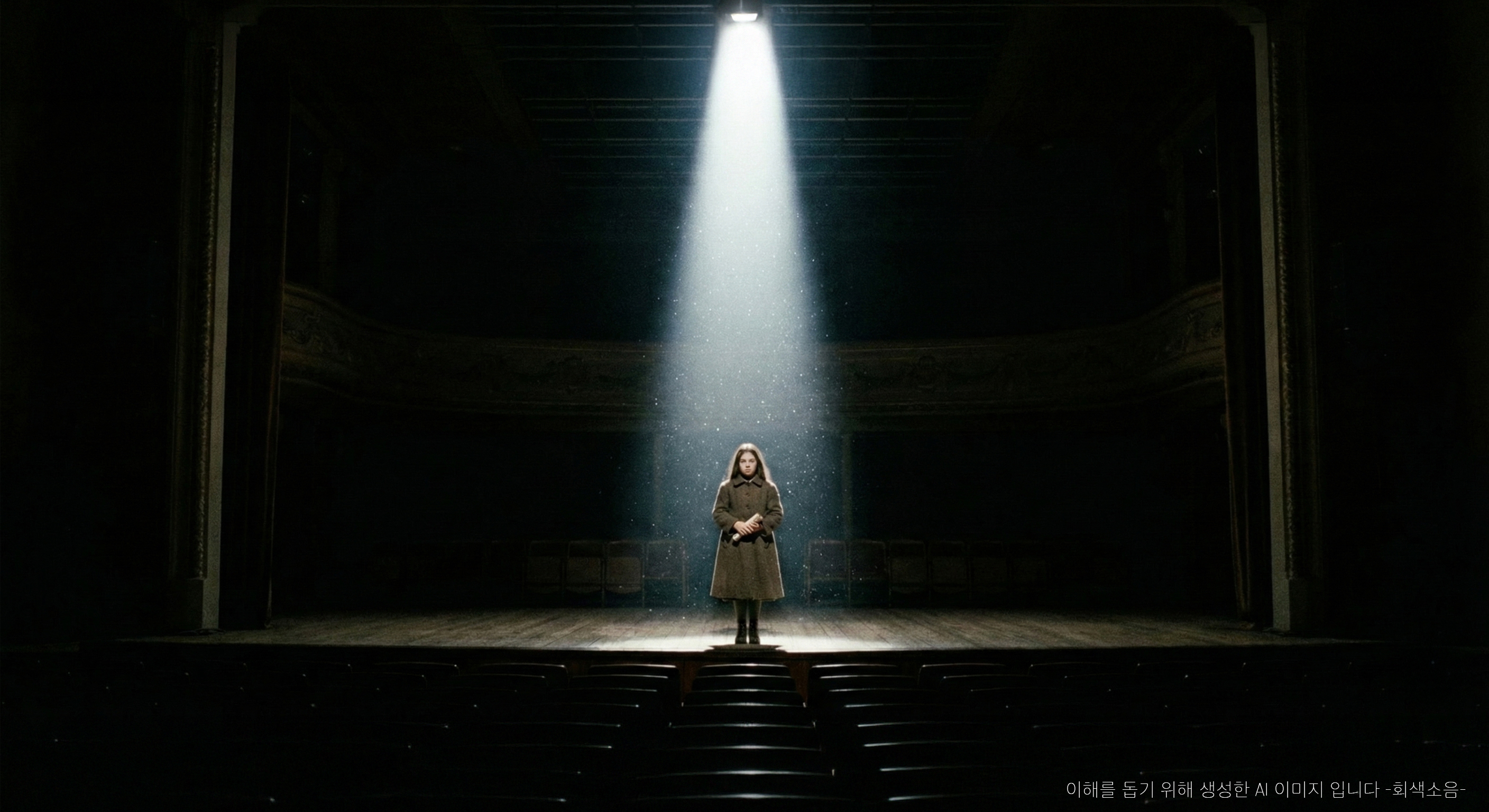 빛의 감옥, 혹은 무대 : 깜깜한 빈 무대 한가운데에서 낡은 대본을 꼭 쥔 소녀(니나)가 한 줄기 스포트라이트 속에 홀로 서 있고, 빛기둥 안에서 먼지가 떠다니며 고립과 무대 공포를 전하는 와이드 장면.