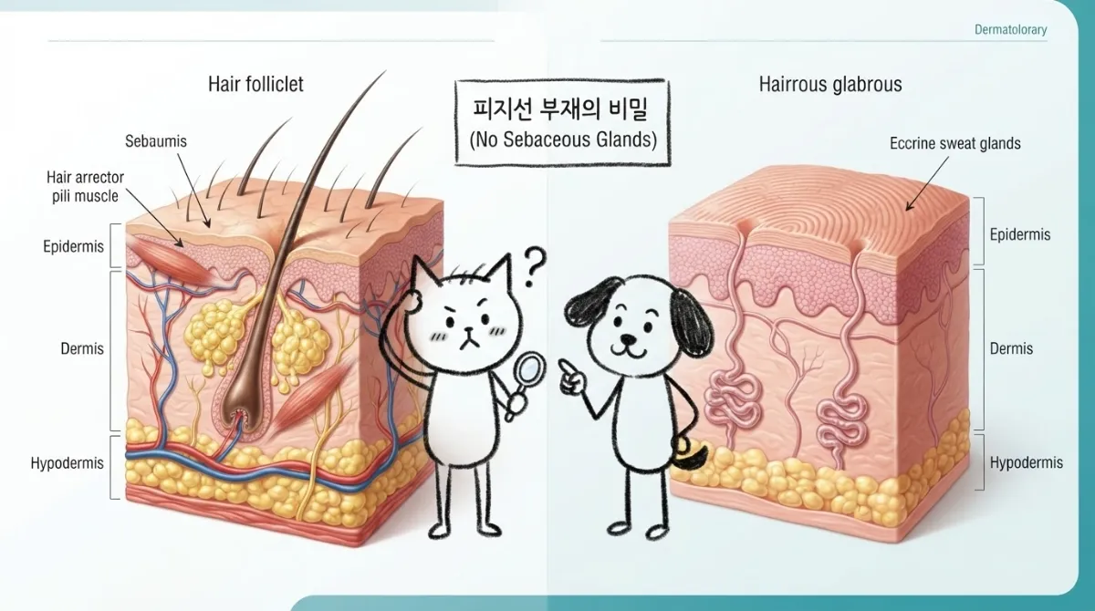 피지선이 있는 모발 피부(왼쪽)와 피지선이 없는 무모 손끝 피부(오른쪽) 단면 구조를 비교한 과학적 일러스트에 호기심 가득한 스틱 캣과 스틱 독이 돋보기를 들고 관찰하는 이미지