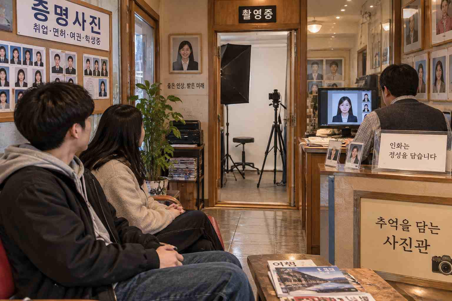 사진관에서 사진사가 컴퓨터 화면으로 증명사진을 확인하고 손님들이 결과를 기다리는 모습