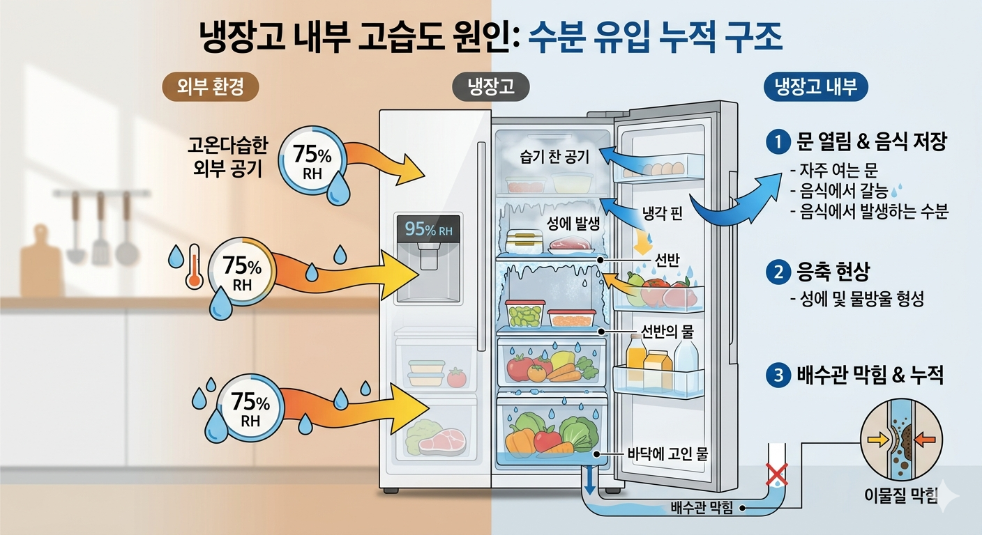 냉장고 내부 선반과 벽면에 수분이 맺히고 채소가 눅눅하게 변해 있는 모습