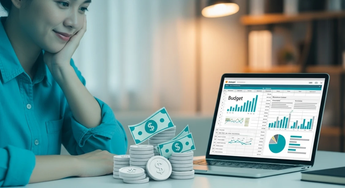 노트북으로 예산을 확인하며 생활비 걱정을 덜고 안도하는 사람의 모습