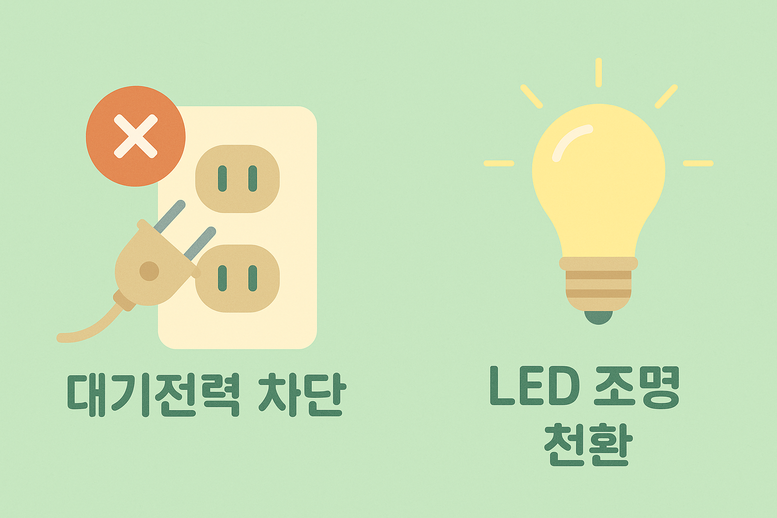 전기요금 줄이기 위해 대기전력 차단과 LED 조명으로 교체하는 전기 절감 팁 인포그래픽