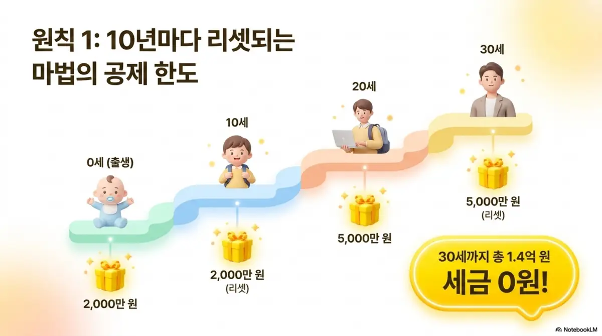 증여세 절세방법: 출생부터 30세까지 10년 주기로 증여재산공제가 리셋되어 총 1억 4천만원을 세금 0원으로 이전하는 과정을 단계별로 보여주는 인포그래픽 이미지. 이 이미지는 증여세 10년 합산 규정을 활용한 분산 증여 절세 전략을 시각적으로 전달하며 블로그의 증여세 절세 방법과 관련된 내용을 설명함