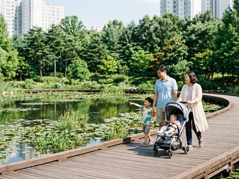 한밭수목원 동원 수변 데크와 가족 산책 모습