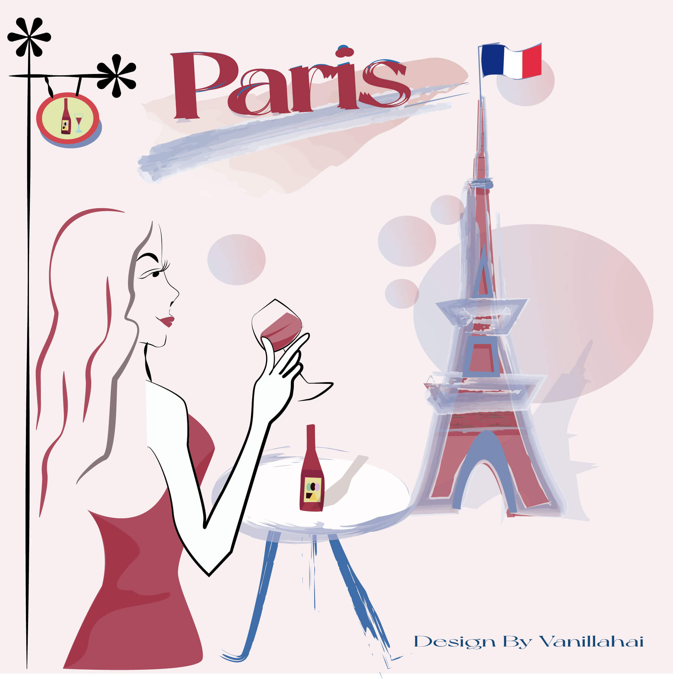 A woman drinking Red wine and looking at the Eiffel Tower