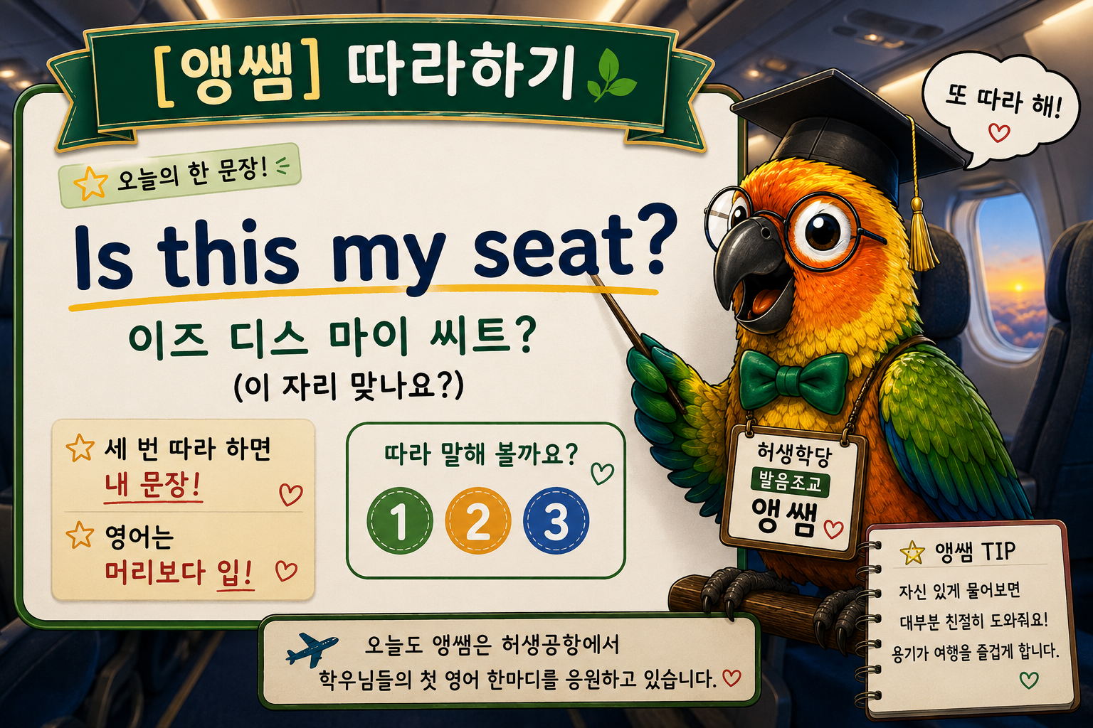 허생학당 공식 발음조교 앵쌤이 비행기 기내에서 영어 문장 "Is this my seat?"를 가르치며 학우들의 따라 말하기를 응원하는 모습